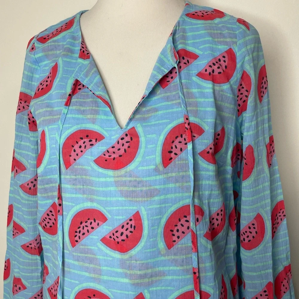 STS Sail To Sable Tunic Dress SZ S Watermelon Print Green Tassel Cotton - Picture 3 of 16